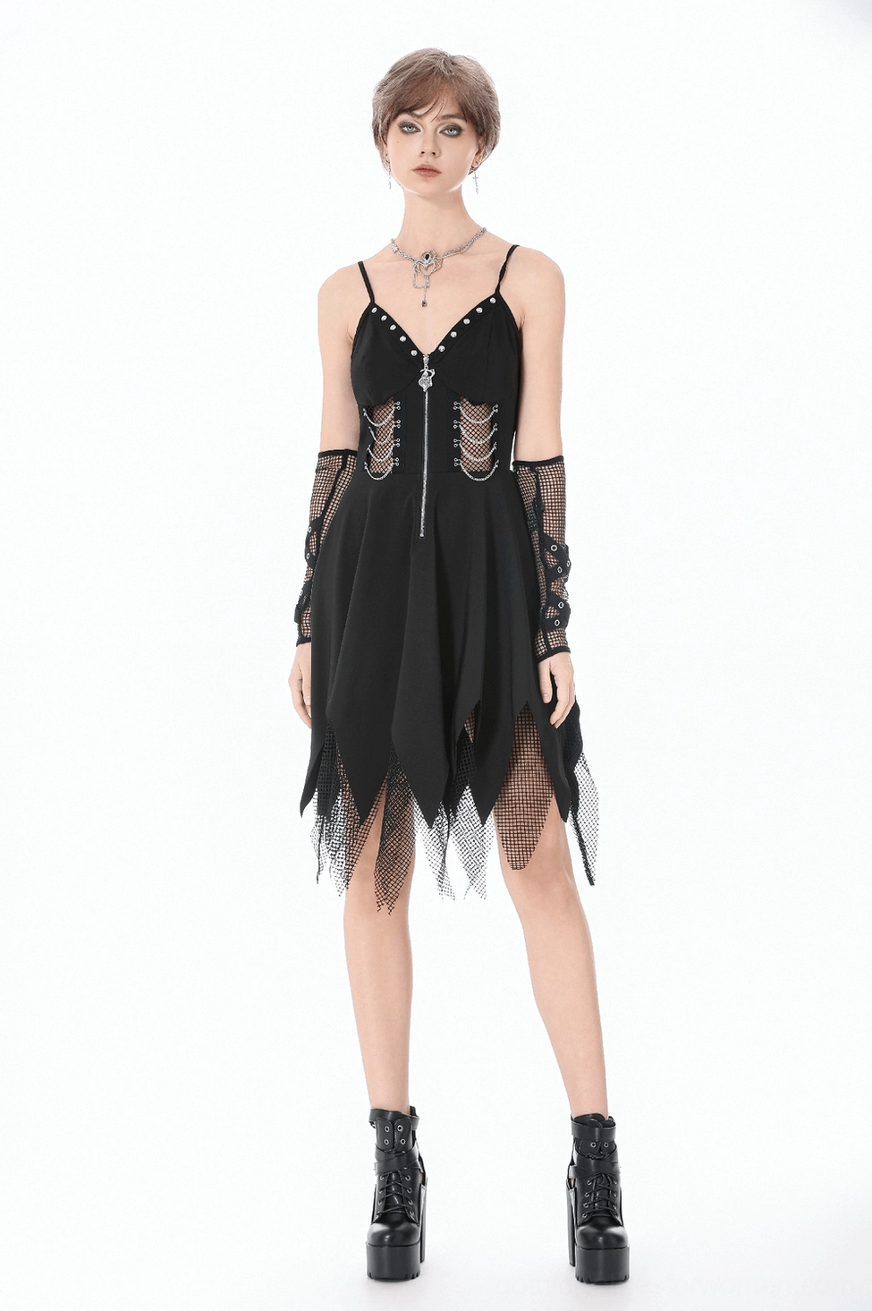 Black gothic zip dress full length front view showing the complete silhouette with fishnet jagged hem and chain accents on studio background