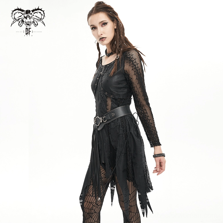 Close-up front view of black gothic dress featuring fishnet sleeves, waist belt, and front zipper detail