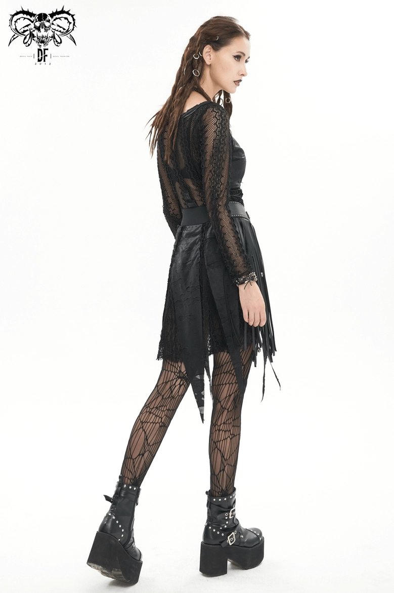 Black gothic zipper dress with irregular hem and contemporary dark fashion design, alternative styling view
