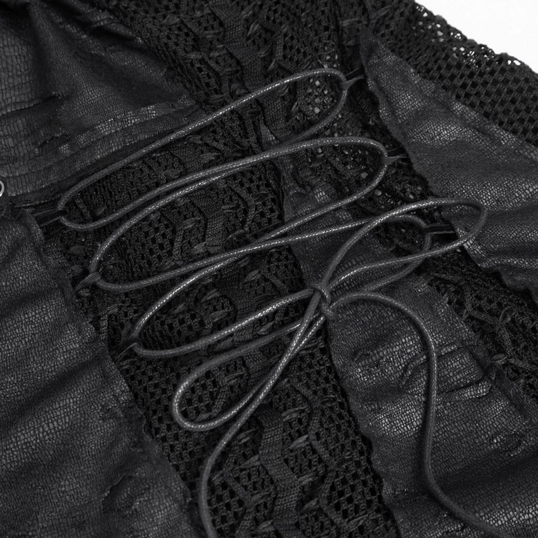 Black gothic zipper dress with fishnet sleeves and tattered asymmetrical hem, full design showcase