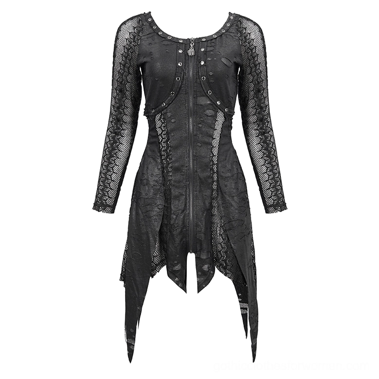 Gothic black zip-up mesh dress with rivet trims and irregular hem displayed on mannequin, front full view