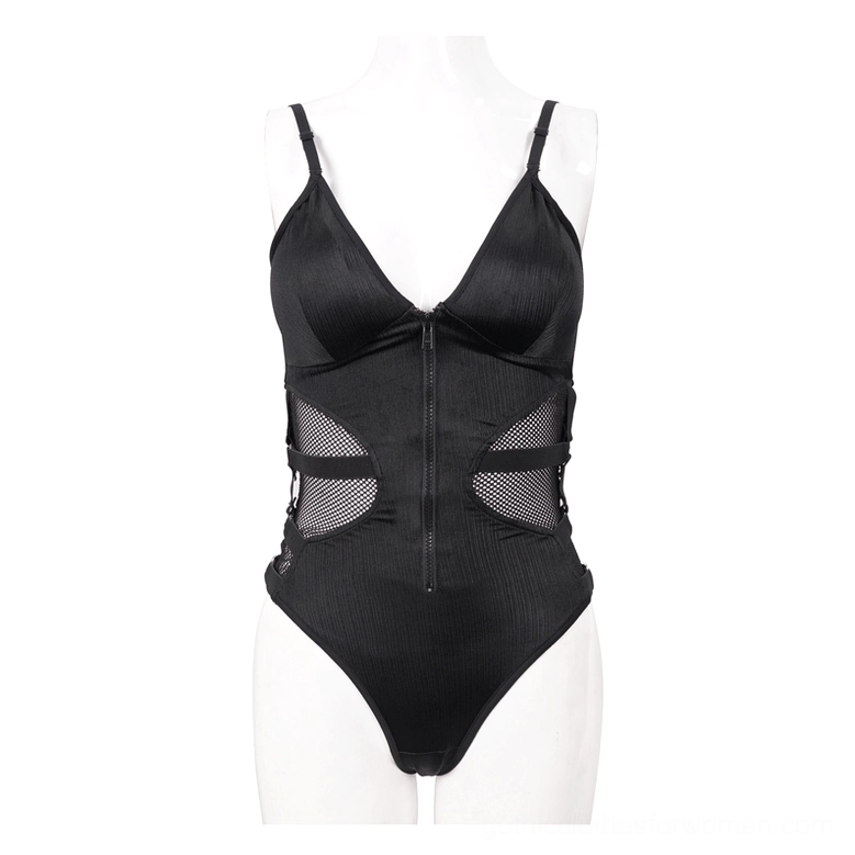Black mesh cutout one-piece swimsuit displayed on mannequin front view showing spaghetti straps and strategic mesh panels