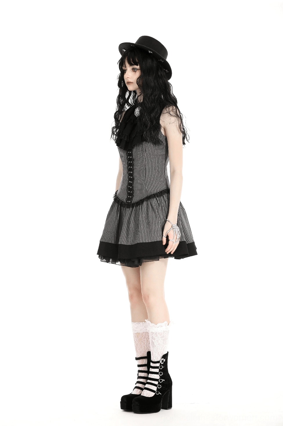 Complete styling view of black gray striped gothic ruffle dress as part of alternative fashion outfit with shoes and jewelry