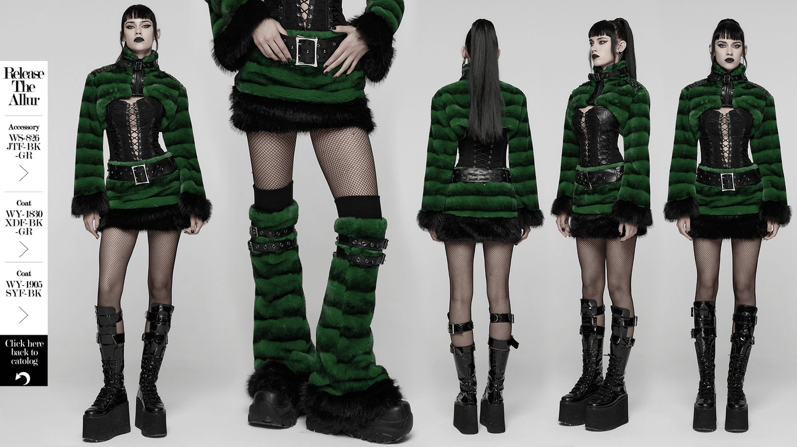 Black and green faux fur gothic mini skirt with studded belt - hero product image