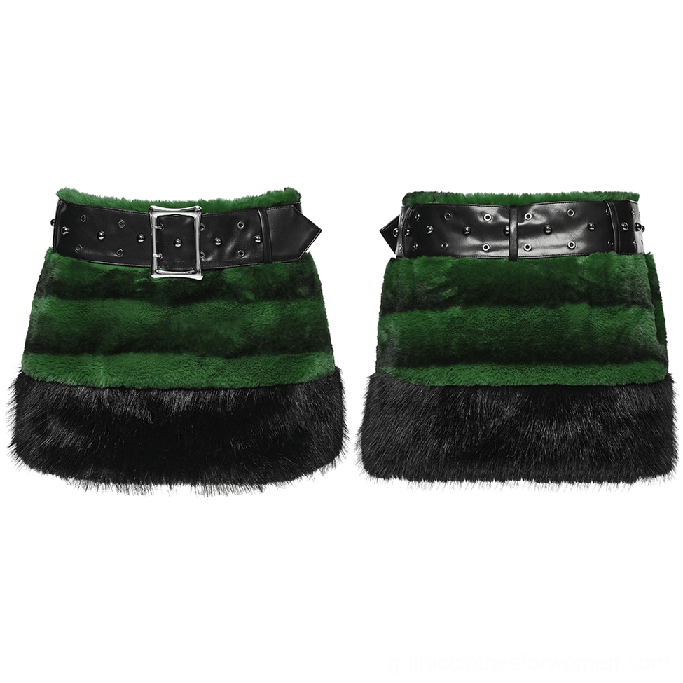 Black and green faux fur gothic mini skirt with studded belt - flat lay front view