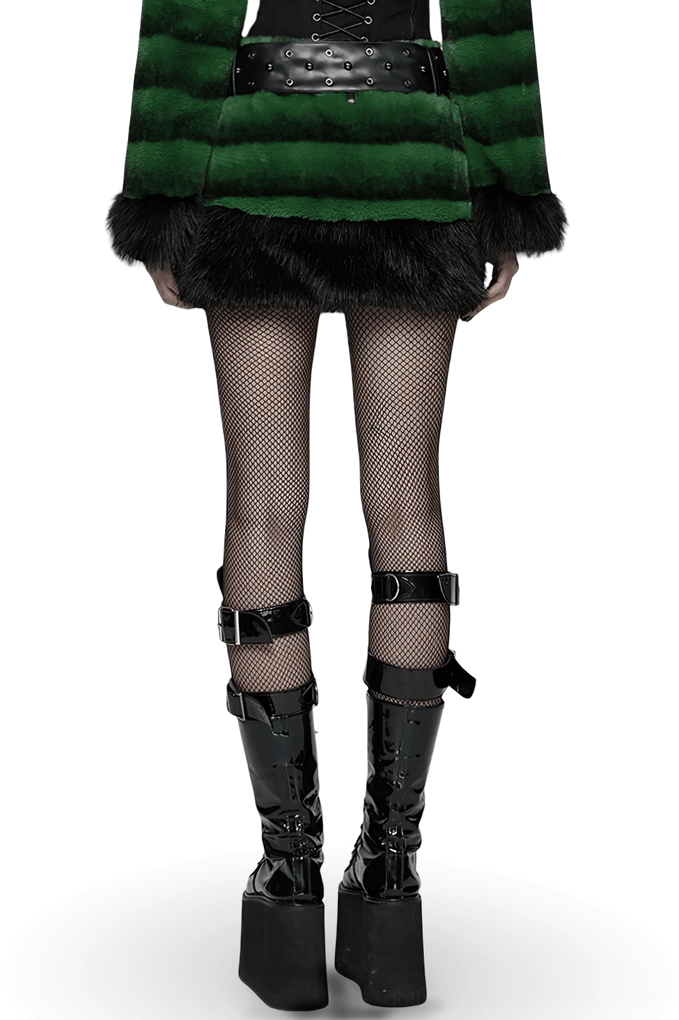 Black and green faux fur gothic mini skirt with studded belt - back full-body model view