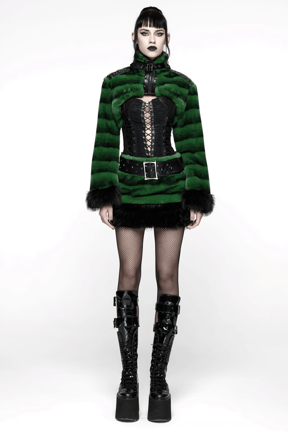 Black and green faux fur gothic mini skirt with studded belt - complete product showcase