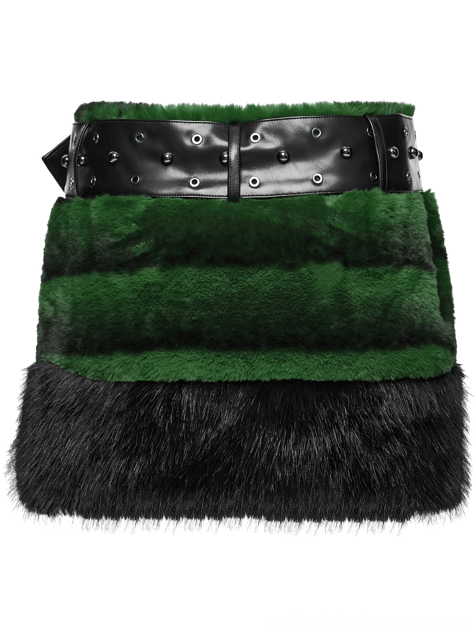 Black and green faux fur gothic mini skirt with studded PU leather belt - side flat lay view