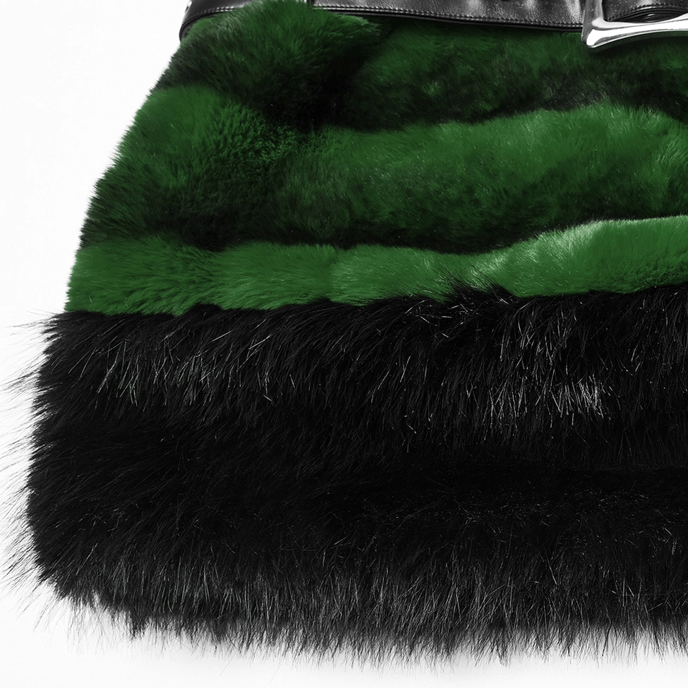 Black and green faux fur gothic mini skirt thick fuzzy hem and texture close-up