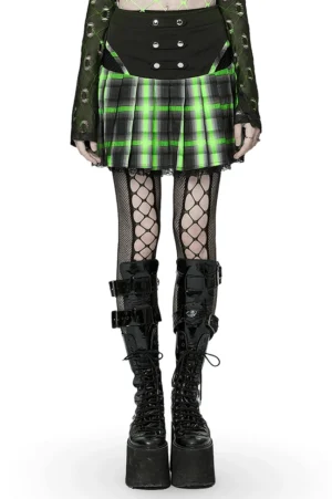Front full-body view of black-green tartan pleated gothic skirt with lace hem, worn by model in studio