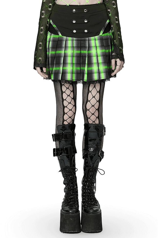 Front full-body view of black-green tartan pleated gothic skirt with lace hem, worn by model in studio