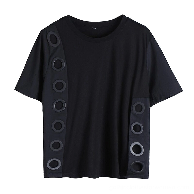 Black short-sleeve gothic top flat lay product shot displaying both side grommet decorations and overall silhouette
