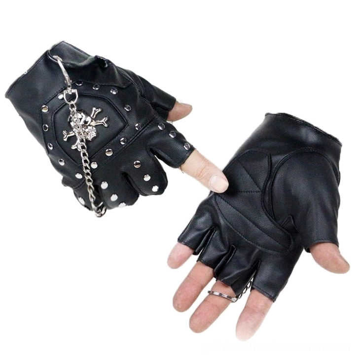 Half-finger punk leather gloves on two hands equipped with metal chain and finger ring - front side angle
