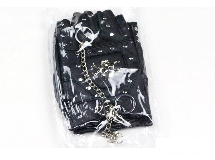 Black half-finger punk gloves with skull head and rivet metal accents - product detail photography