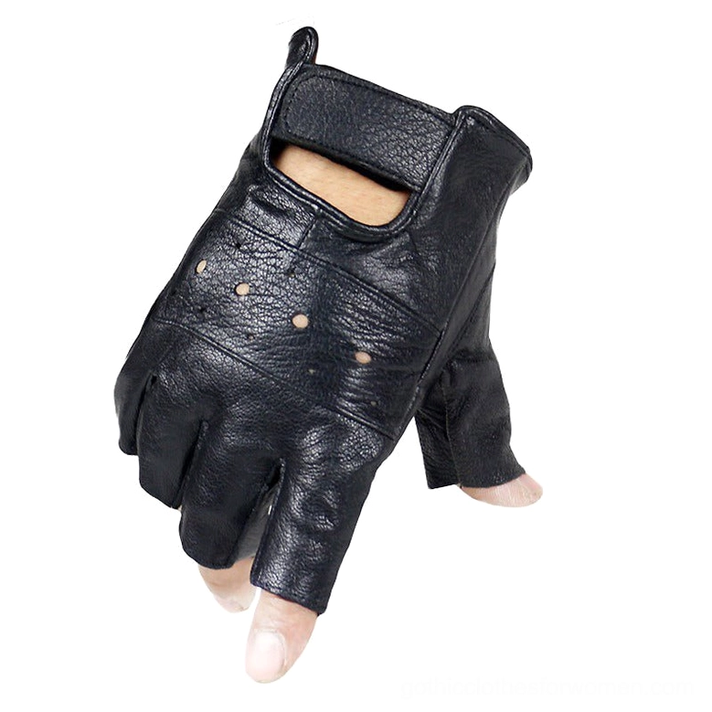 Single black sheep leather half-finger glove, three-quarter front angle displaying textured pebbled finish and adjustable velcro wrist closure