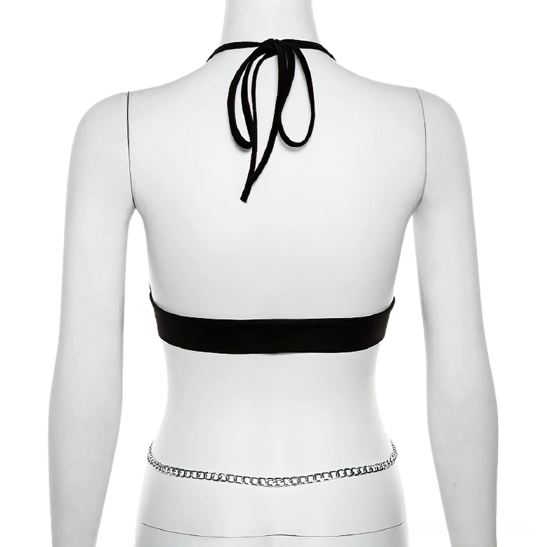 Black halter crop cami top back view on mannequin, halter tie closure, separate silver waist chain