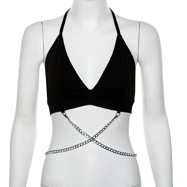 Black halter crop cami top with deep V-neckline and silver body chain on mannequin, front full view