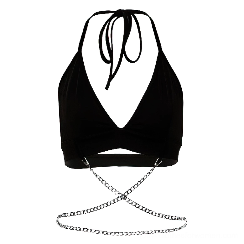 Black halter crop cami with detachable silver chain, flat lay product view, white background