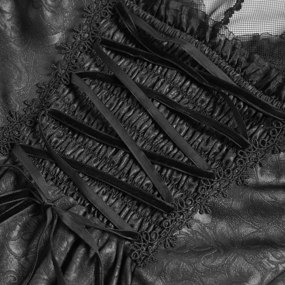 Black halter corset mini dress showing A-line flared silhouette and fringed lace hem