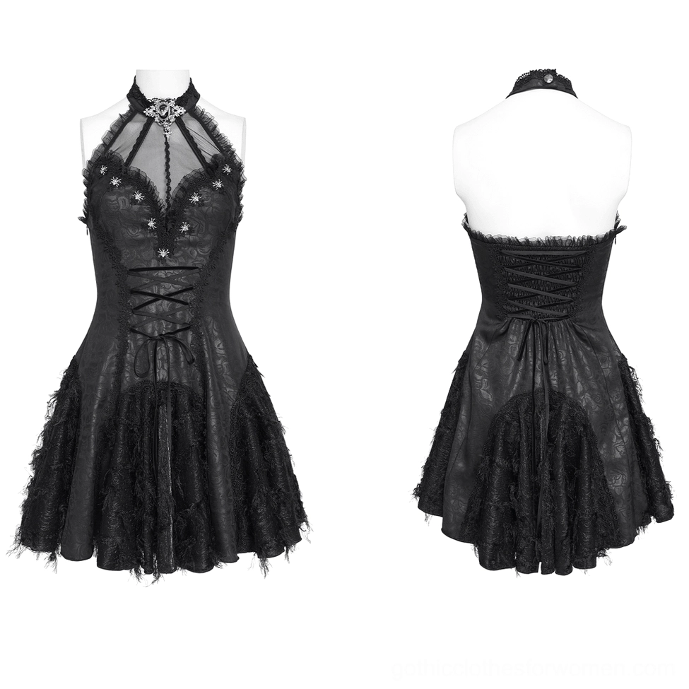 Black halter corset mini dress with jacquard panels and metal accents displayed on mannequin front
