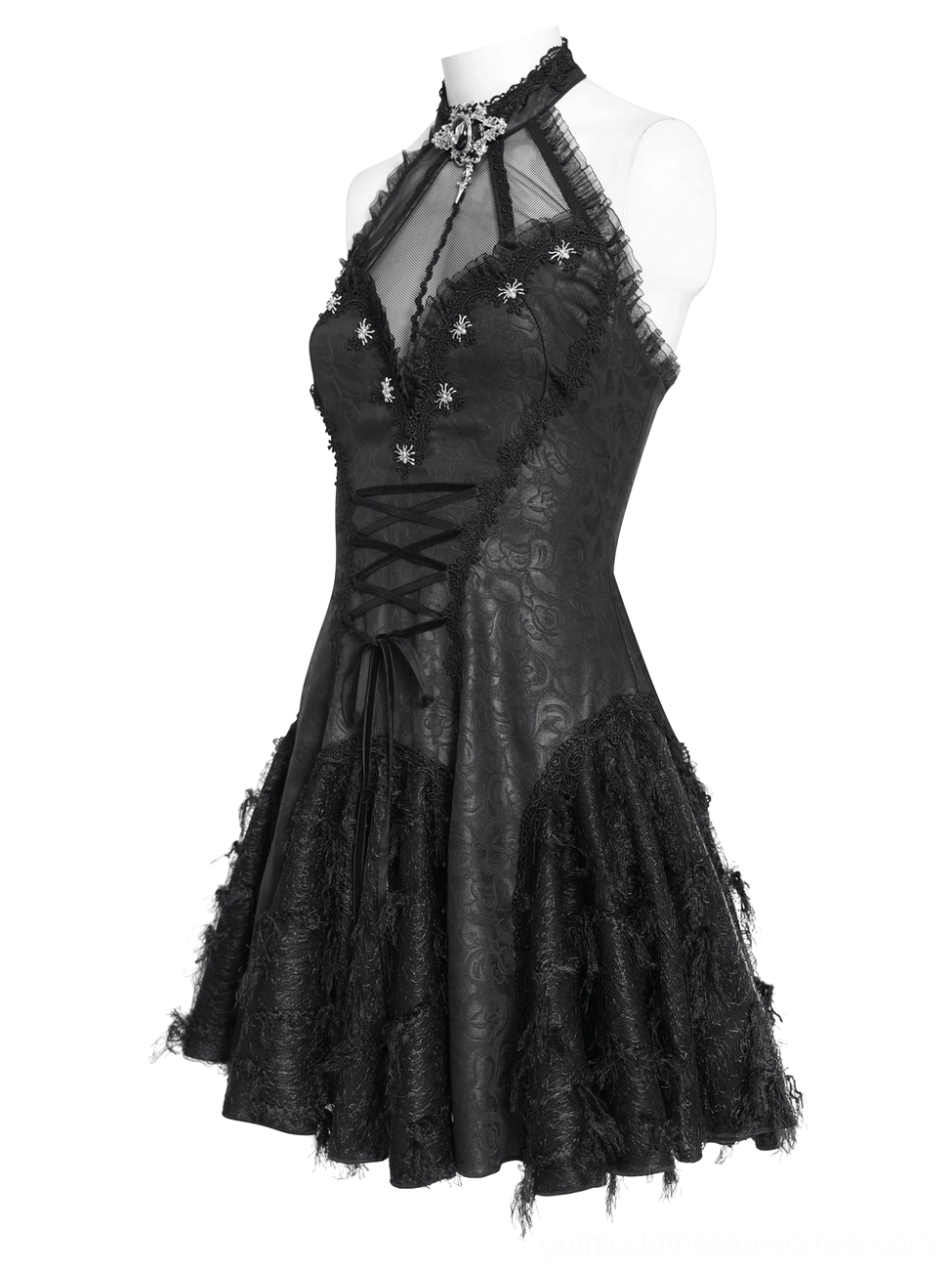 Black halter corset dress with faux leather and textured jacquard panels side three-quarter view