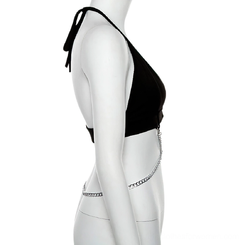 Black halter crop top with silver side body chain, side view on mannequin, backless design