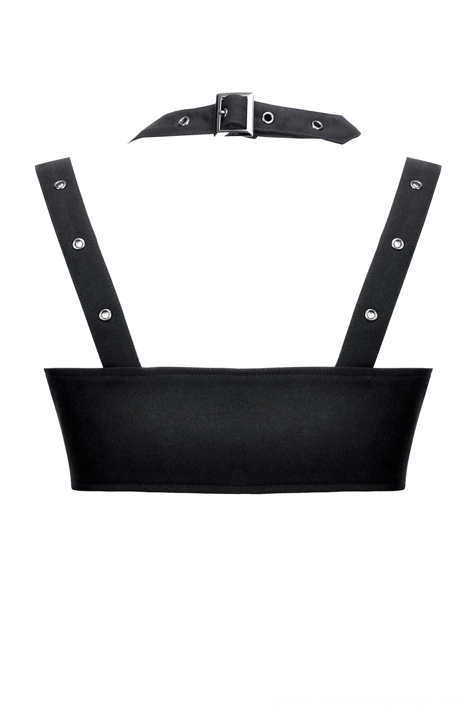 Black halter harness crop top flat product shot showing adjustable buckle straps and metal eyelet construction details