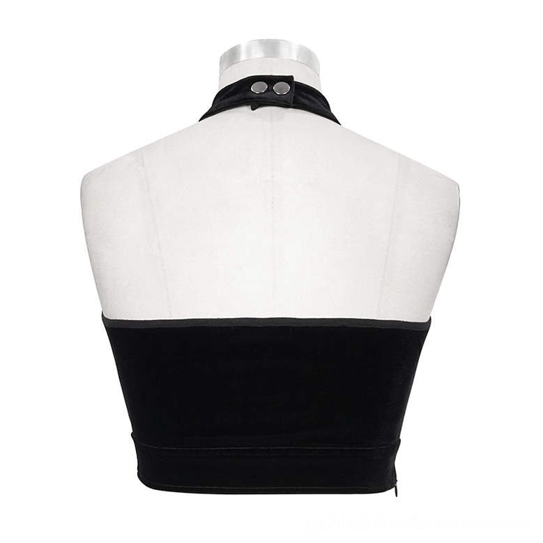 Back view of black gothic halter crop top on mannequin, showing adjustable neck strap and velvet waistband construction