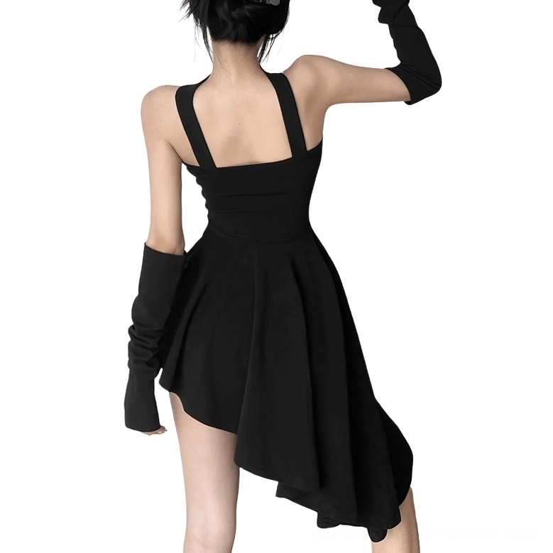 Black backless halter gothic dress rear view showing irregular asymmetric hem