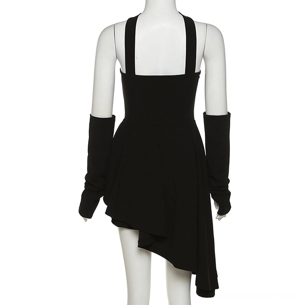 Black square back halter mini dress on mannequin rear view fitted waist