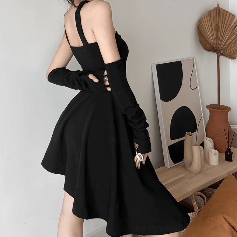 Black halter backless gothic mini dress rear angle cutout and asymmetric hem