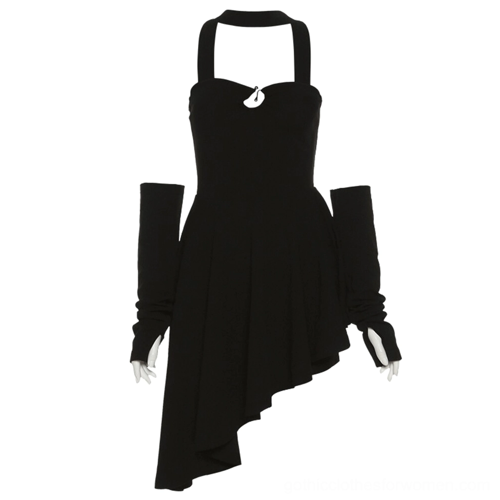 Black backless halter gothic dress with heart-shaped metal chest decoration
