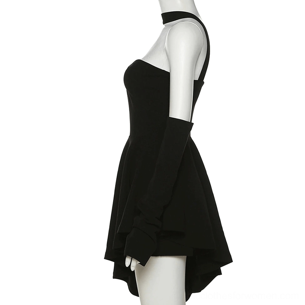 Black one-shoulder halter gothic mini dress side view with included fingerless gloves