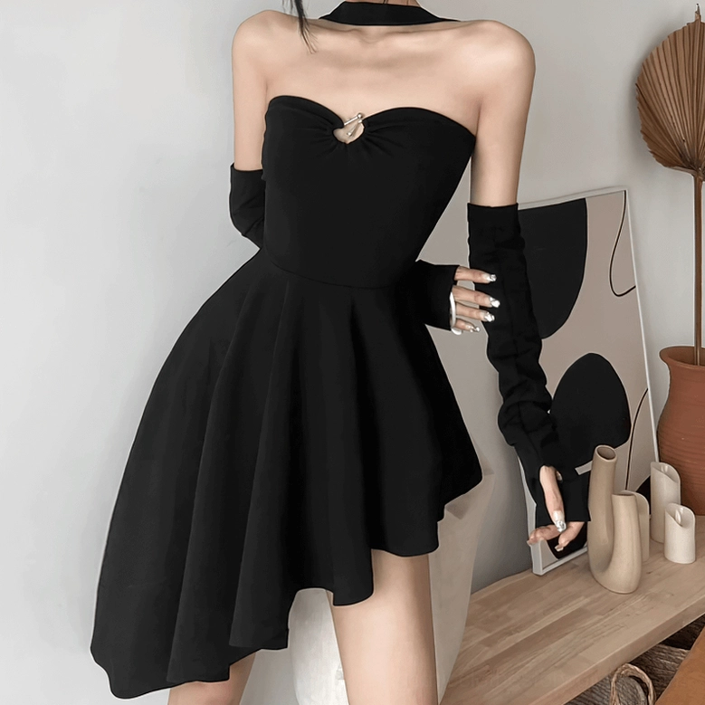 Black halter asymmetric goth mini dress alternative styling details