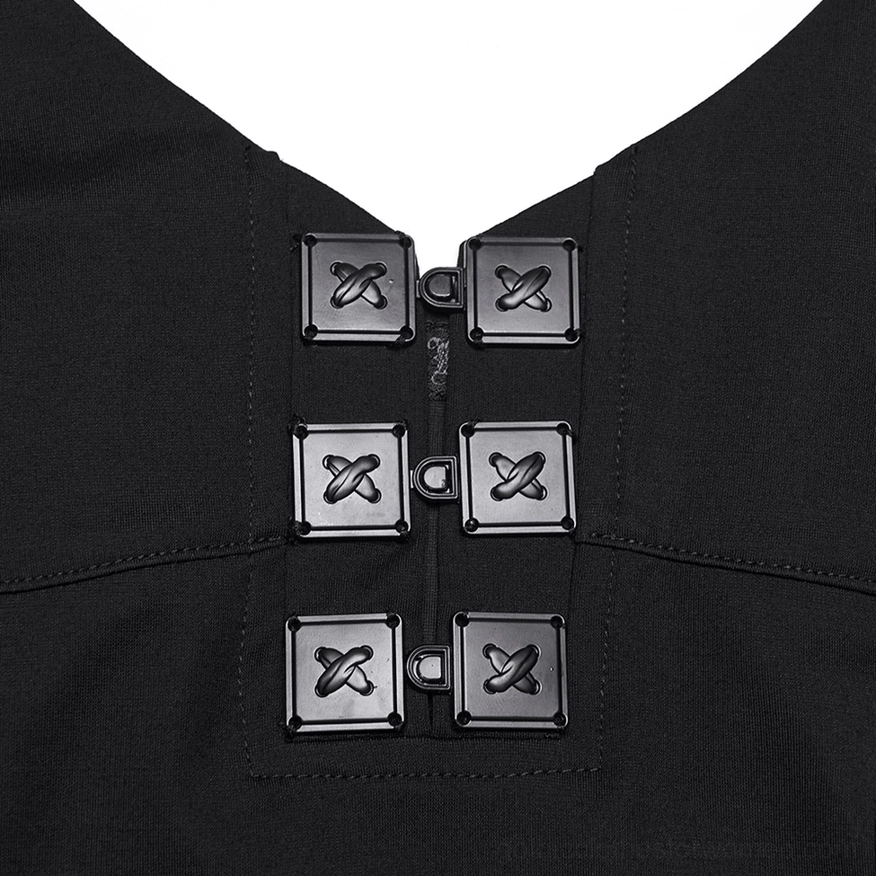 Close-up detail of square metal buckle fasteners on black gothic halter mini dress bodice