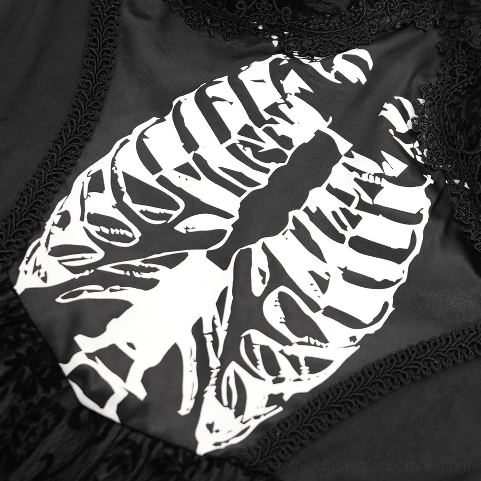 Black halter gothic dress full-length front view showing complete silhouette with ribcage print and tulle skirt
