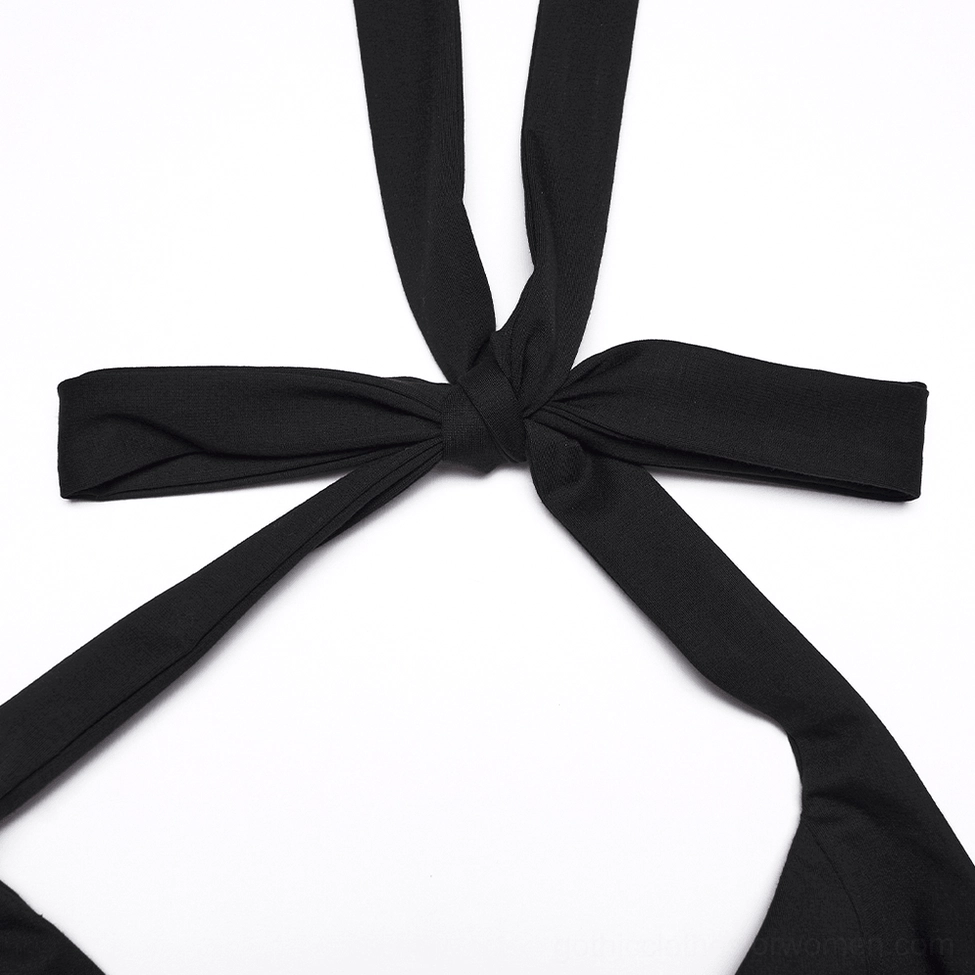 Close-up of adjustable self-fabric halter neck tie on black gothic mini dress