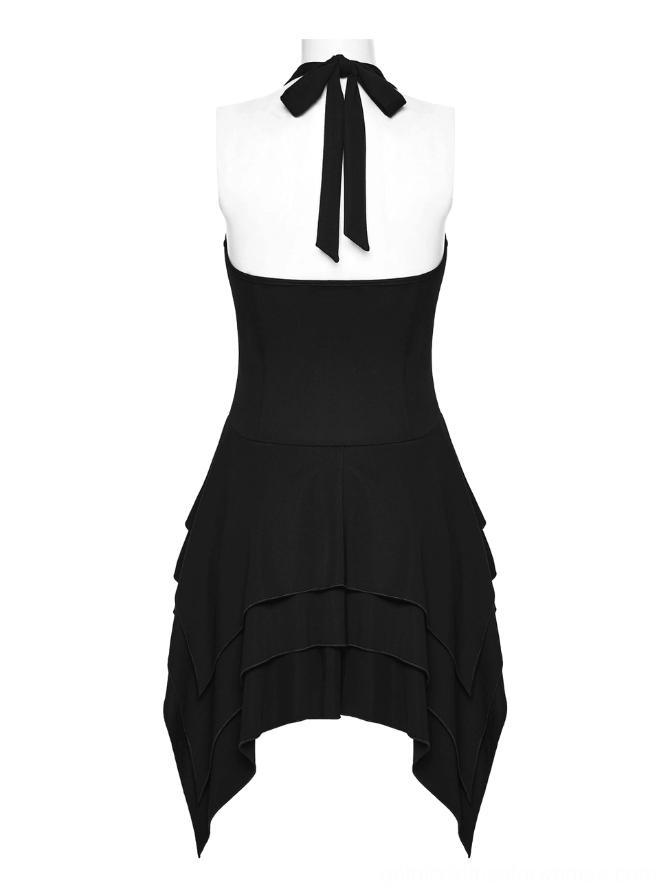 Back flat product view of asymmetric gothic dress with open back design and self-tie halter strap