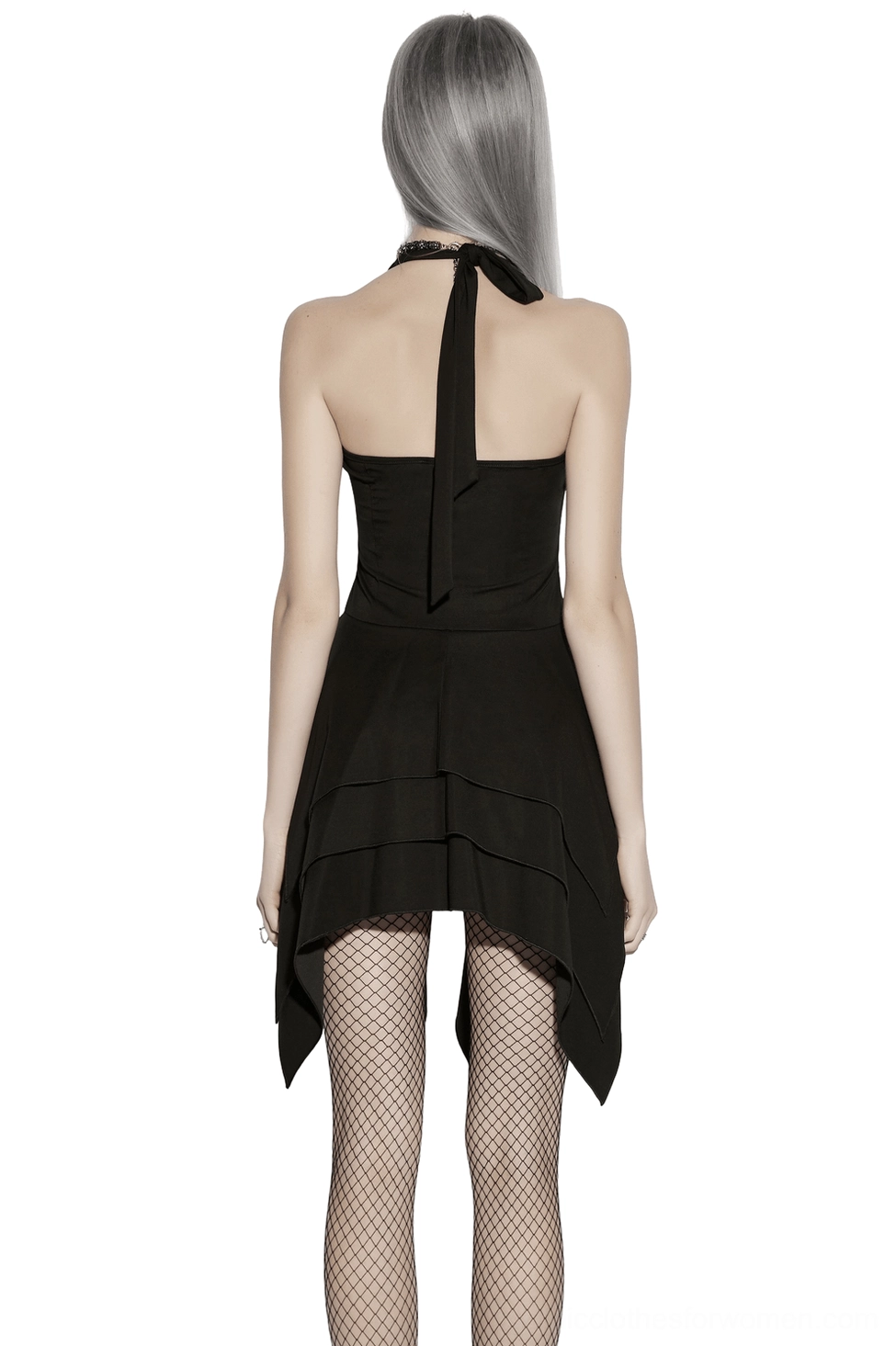 Back view of gothic halter mini dress showing open back design and tiered handkerchief hem
