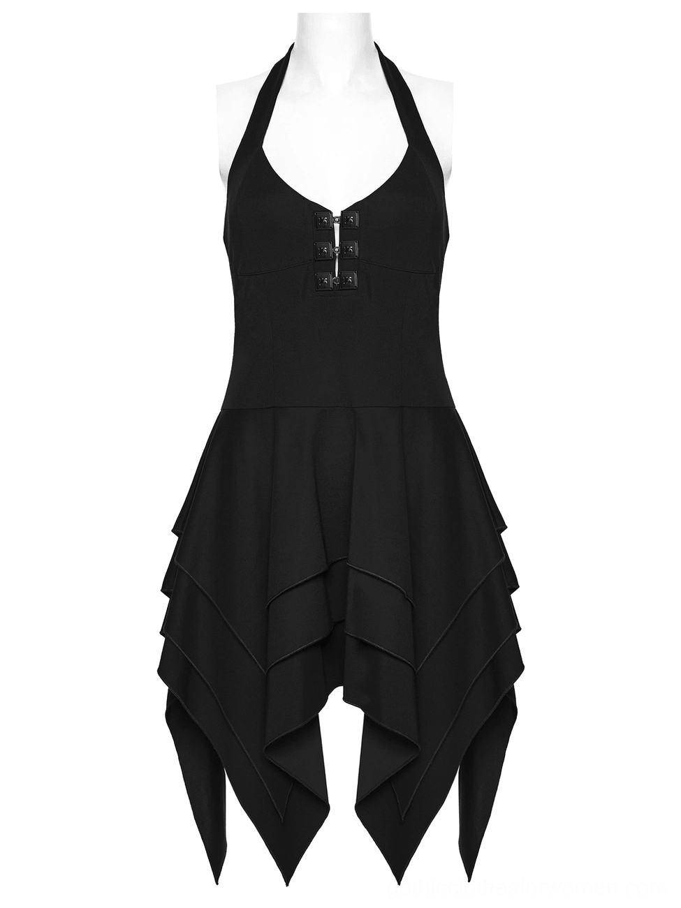 Front flat product view of black halter dress showing fitted bodice and asymmetric layered handkerchief hem