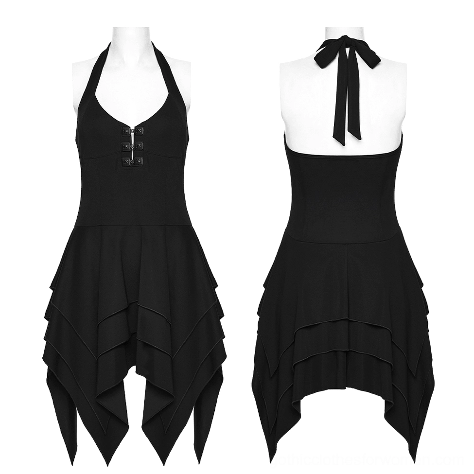 Flat lay front and back view of asymmetric layered gothic mini dress with halter neck and buckle details
