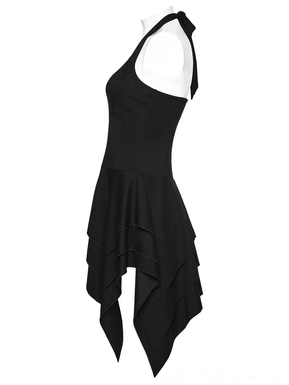 Side flat product view of gothic halter mini dress displaying sleeveless silhouette and tiered skirt layers