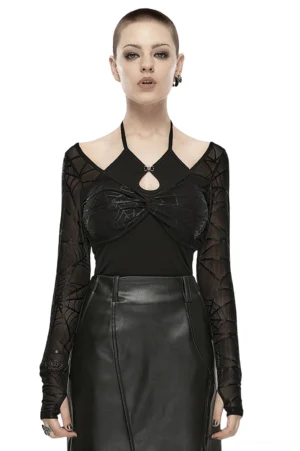 Black halter spiderweb long sleeve two-piece top front view on model with buzzcut, showcasing gothic layered design and mesh sleeves