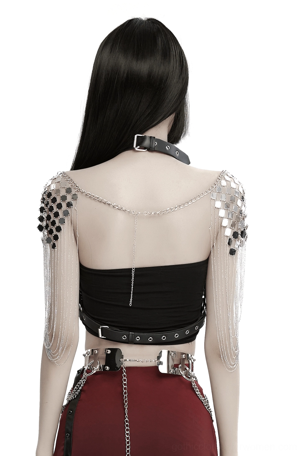 Gothic body harness with cascading silver chain tassels, backless design showcasing back detail