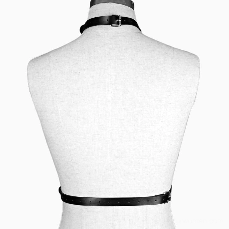 Black body harness back view showing minimalist neck and waist strap configuration on display mannequin
