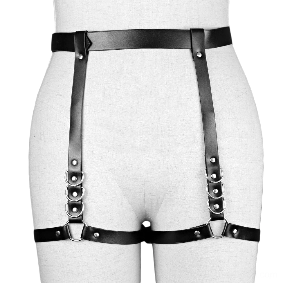 Black leather strap harness back view on mannequin displaying dual adjustable leg straps and waist component