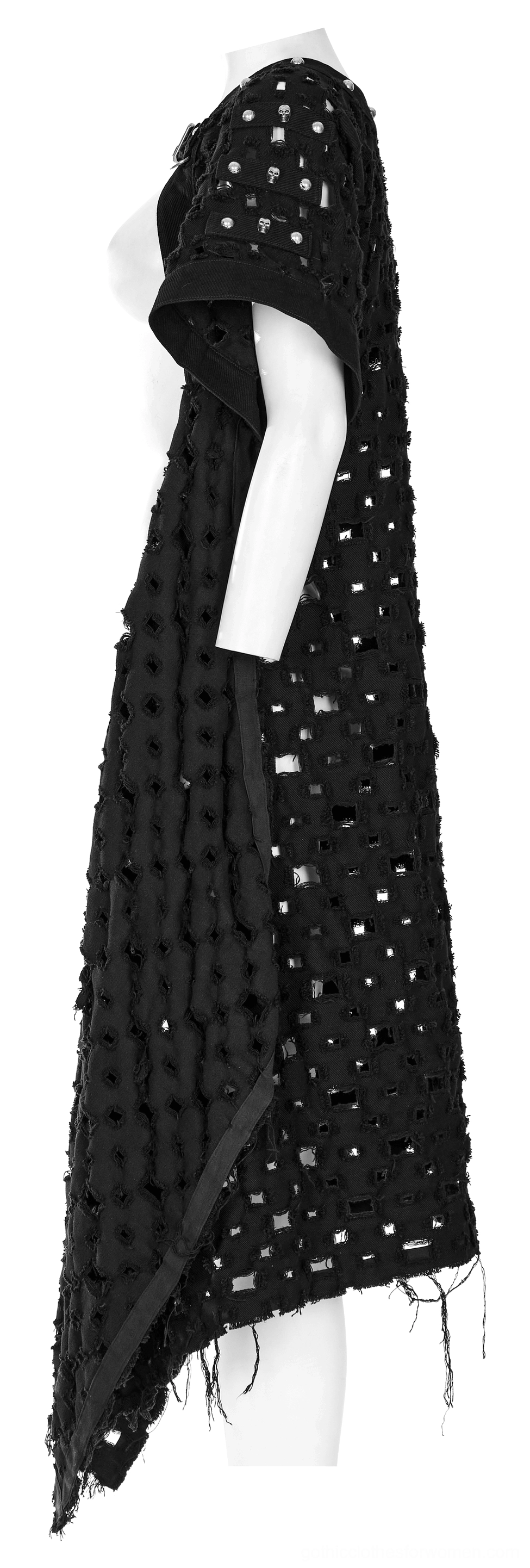 Harness-style black distressed cape cardigan with neck buckle and high-low split hem on display form