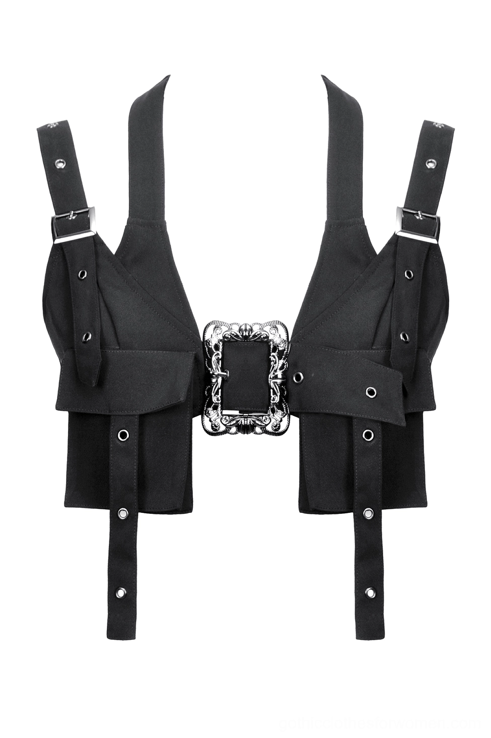 Black gothic crop harness top flat lay front view displaying ornate silver central buckle, cargo pockets, and metal eyelets