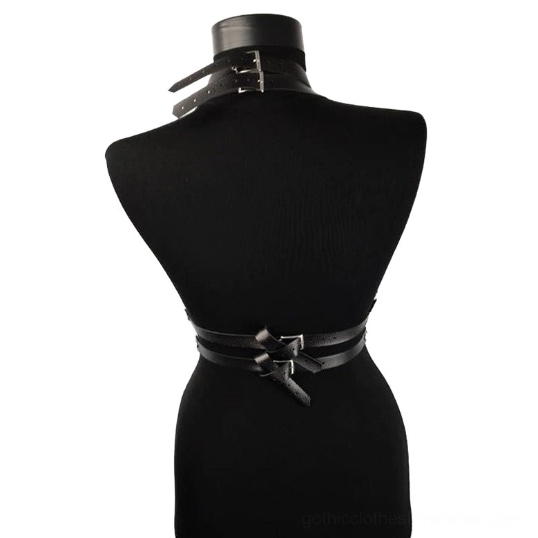 Black PU leather body harness with adjustable neck collar and waist belt set configuration