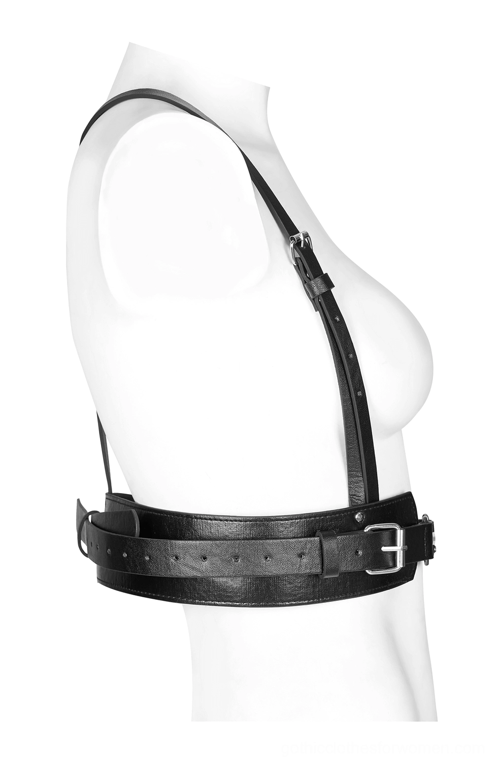 Black punk leather harness side profile, adjustable shoulder straps and metal hardware, gothic body harness fit